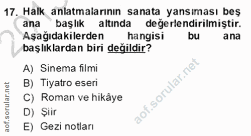 17. soru: Halk anlatmalarının sanata yansıması beş ana başlık altinda değerlendirilmiştir. Aşağıdakilerden hangisi bu ana başlı…