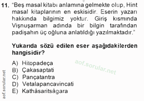 11. soru: "Beş masal kitabı anlamına gelmekte olup, Hint masal kitaplarının en eskisidir. Eserin yazarı hakkında bilgimiz yoktu…