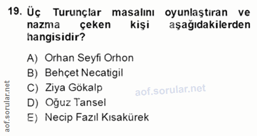19. soru: Üç Turunçlar masalını oyunlaştıran ve nazma çeken kişi aşağıdakilerden hangisidir? A) Orhan Seyfi Orhon B) Behçet Nec…