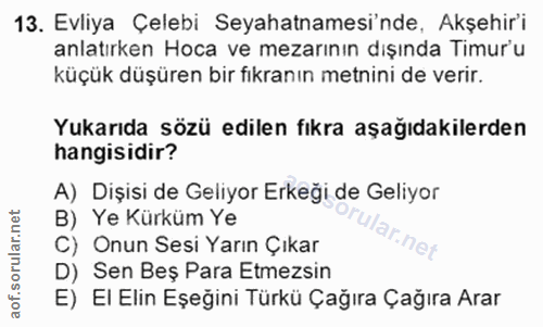 13. soru: Evliya Çelebi Seyahatnamesi'nde, Akşehir'i anlatırken Hoca ve mezarının dışında Timur'u küçük düşüren bir fıkranın me…