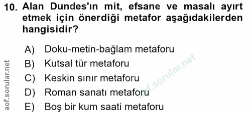 10. soru: Alan Dundes'in mit, efsane ve masalı ayırt etmek için önerdiği metafor aşağıdakilerden hangisidir? A) Doku-metin-bağl…