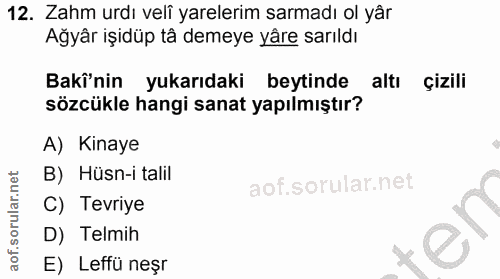 12. soru: Zahm urdı velî yarlerim sarmadı ol yar Ağyâr işidüp tâ demeye yâre sarıldı Bakî'nin yukarıdaki beytinde altı çizili s…