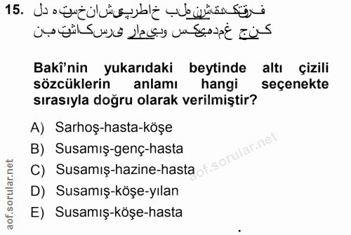 15. soru: Bakî'nin yukarıdaki beytinde altı çizili sözcüklerin anlamı hangi seçenekte sırasıyla doğru olarak verilmiştir? A) Sa…