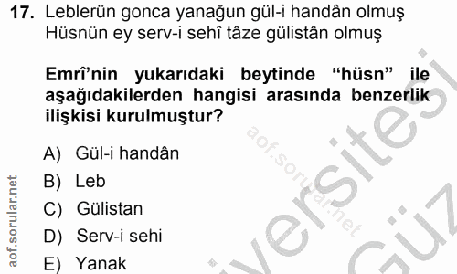 17. soru: Leblerün gonca yanağun gül-i handân olmuş Hüsnün ey serv-i sehî tâze gülistân olmuş Emrînin yukarıdaki beytinde "hüsn…