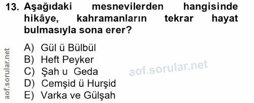 13. soru: Aşağıdaki mesnevilerden hangisinde hikaye, kahramanların tekrar hayat bulmasıyla sona erer? A) Gül ü Bülbül B) Heft P…