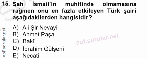 15. soru: Şah İsmail'in muhitinde olmamasına rağmen onu en fazla etkileyen Türk şairi aşağıdakilerden hangisidir? A) Ali Şir Ne…