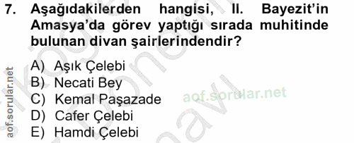 7. soru: Aşağıdakilerden hangisi, II. Bayezit'in Amasya'da görev yaptığı sırada muhitinde bulunan divan şairlerindendir? A) Aş…