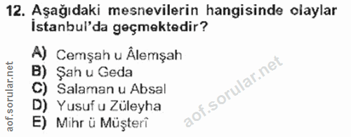 12. soru: Aşağıdaki mesnevilerin hangisinde olaylar İstanbul'da geçmektedir? A) Cemşah u Âlemşah Şah u Geda Salaman u Absal D)…
