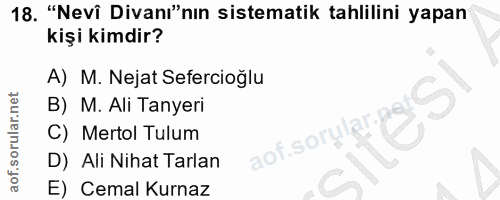 18. soru: "Nevi Divanı"nın sistematik tahlilini yapan kişi kimdir? A) M. Nejat Sefercioğlu B) M. Ali Tanyeri C) Mertol Tulum ao…