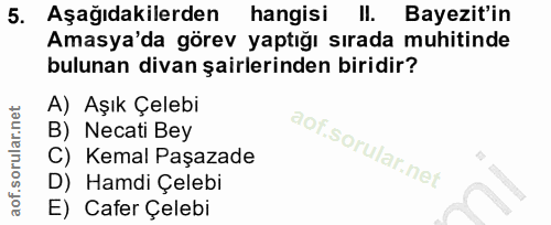 5. soru: Aşağıdakilerden hangisi II. Bayezit'in Amasya'da görev yaptığı sırada muhitinde bulunan divan şairlerinden biridir? A…