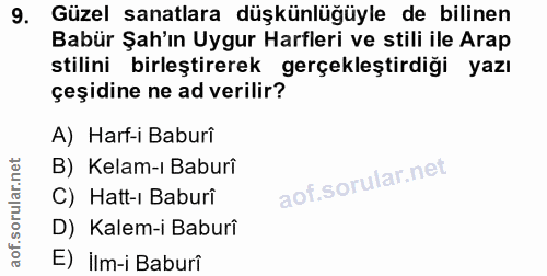 9. soru: Güzel sanatlara düşkünlüğüyle de bilinen Babür Şah'ın Uygur Harfleri ve stili ile Arap stilini birleştirerek gerçekle…