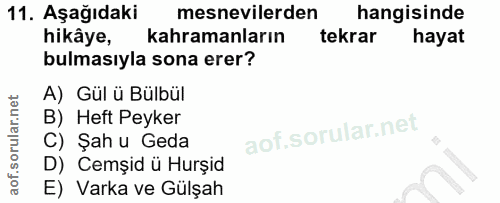 11. soru: Aşağıdaki mesnevilerden hangisinde hikâye, kahramanların tekrar hayat bulmasıyla sona erer? A) Gül ü Bülbül B) Heft P…