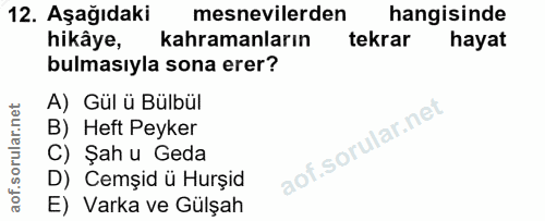 12. soru: Aşağıdaki mesnevilerden hangisinde hikâye, kahramanların tekrar hayat bulmasıyla sona erer? A) Gül ü Bülbül B) Heft P…