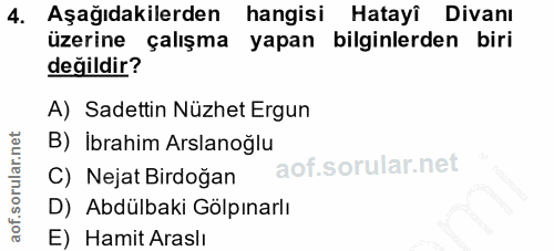 4. soru: Aşağıdakilerden hangisi Hatayi Divanı üzerine çalışma yapan bilginlerden biri değildir? A) Sadettin Nüzhet Ergun B) İ…