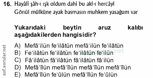 16. soru: Hayâli şâh-ı ışk oldum dahi bu akl-ı hercâyî Gönül mülküne ayak basmasın muhkem yasağum var Yukarıdaki beytin aruz ka…