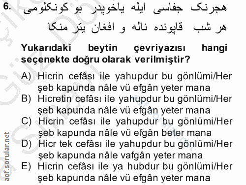 6. soru: Yukarıdaki beytin çevriyazısı hangi seçenekte doğru olarak verilmiştir? A) Hicrin cefâsı ile yahupdur bu gönlümi/Her…
