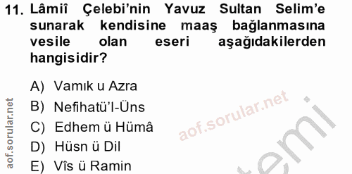 11. soru: Lâmii Çelebi'nin Yavuz Sultan Selim'e sunarak kendisine maaş baglanmasına vesile olan eseri aşağıdakilerden hangisidi…