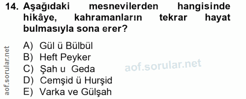 14. soru: Aşağıdaki mesnevilerden hangisinde hikâye, kahramanların tekrar hayat bulmasıyla sona erer? A) Gül ü Bülbül B) Heft P…