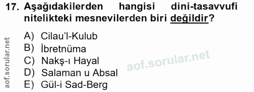17. soru: Aşağıdakilerden hangisi dini-tasavvufi nitelikteki mesnevilerden biri değildir? A) Cilau'l-Kulub B) ibretnüma C) Nakş…