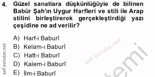 4. soru: Güzel sanatlara düşkünlüğüyle de bilinen Babür Şah'ın Uygur Harfleri ve stili ile Arap stilini birleştirerek gerçekle…