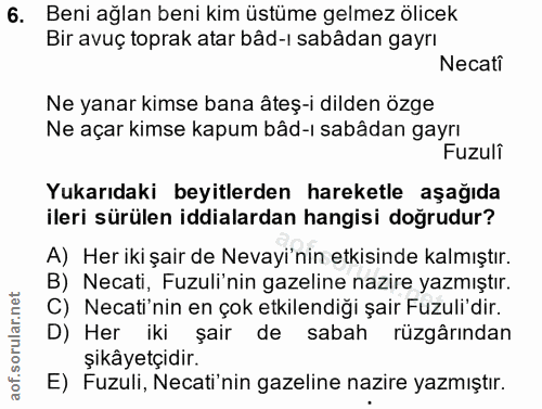 6. soru: Beni ağlan beni kim üstüme gelmez ölicek Bir avuç toprak atar bâd-ı sabâdan gayrı Necati Ne yanar kimse bana âteş-i d…