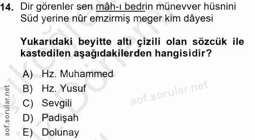 14. soru: Dir görenler sen mâh-ı bedrin münevver hüsnini Süd yerine nür emzirmiş meger kim dâyesi Yukarıdaki beyitte altı çizil…