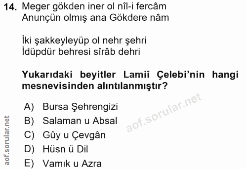 14. soru: Meger gökden iner ol nîl-i fercâm Anunçün olmış ana Gökdere nâm iki şakkeyleyüp ol nehr şehri İdüpdür behresi sîrâb d…