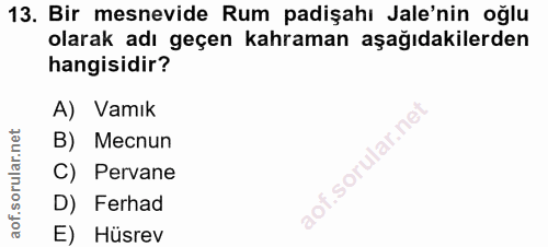 13. soru: Bir mesnevide Rum padişahı Jale'nin oğlu olarak adı geçen kahraman aşağıdakilerden hangisidir? A) Vamık B) Mecnun aof…