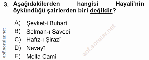 3. soru: Aşağıdakilerden hangisi Hayali'nin öykündüğü şairlerden biri değildir? A) Şevket-i Buharî B) Selman-i Saveci C) Hafız…