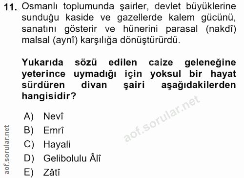 11. soru: Osmanlı toplumunda şairler, devlet büyüklerine sunduğu kaside ve gazellerde kalem gücünü, sanatını gösterir ve hüneri…