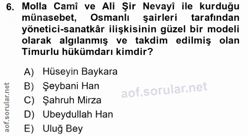 6. soru: Molla Camî ve Ali Şir Nevayî ile kurduğu münasebet, Osmanlı şairleri tarafından yönetici-sanatkâr ilişkisinin güzel b…