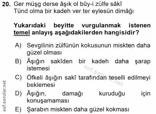 20. soru: Ger müşg derse âşık ol bûy-i zülfe sâkî Tünd olma bir kadeh ver ter eylesün dimâğı Yukarıdaki beyitte vurgulanmak ist…
