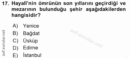 17. soru: Hayalî'nin ömrünün son yıllarını geçirdiği ve mezarının bulunduğu şehir aşağıdakilerden hangisidir? A) Yenice B) Bağd…