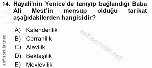 14. soru: Hayali'nin Yenice'de tanıyıp bağlandığı Baba Ali Mest'in mensup olduğu tarikat aşağıdakilerden hangisidir? A) Kalende…