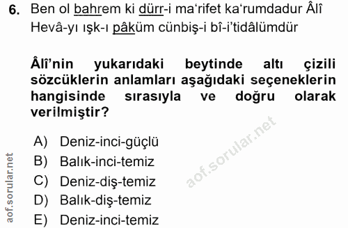6. soru: Ben ol bahrem ki dürr-i ma'rifet ka'rumdadur Âlî Hevâ-yı ışk-ı pâküm cünbiş-i bî-i'tidâlümdür Âli'nin yukarıdaki beyt…