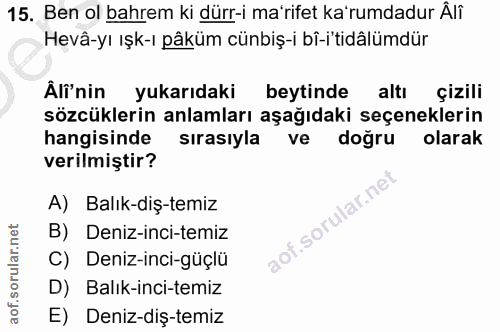 15. soru: Ben ol bahrem ki dürr-i ma'rifet ka'rumdadur Âlî Hevâ-yı ışk-ı pâküm cünbiş-i bî-i'tidâlümdür Âli'nin yukarıdaki beyt…