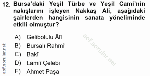 12. soru: Bursa'daki Yeşil Türbe ve Yeşil Cami'nin nakışlarını işleyen Nakkaş Ali, aşağıdaki şairlerden hangisinin sanata yönel…