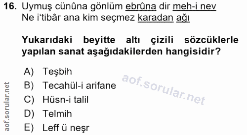 16. soru: Uymuş cünûna gönlüm ebrûna dir meh-i nev Ne itibâr ana kim seçmez karadan ağı Yukarıdaki beyitte altı çizili sözcükle…