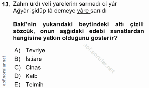 13. soru: Zahm urdı veli yarlerim sarmadı ol yår Ağyâr işidüp tâ demeye yâre sarıldı Bakî'nin yukarıdaki beytindeki altı çizili…