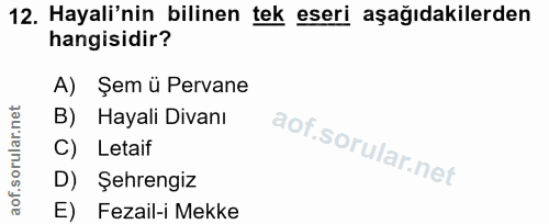 12. soru: Hayali'nin bilinen tek eseri aşağıdakilerden hangisidir? A) Şem ü Pervane B) Hayali Divanı C) Letaif D) Şehrengiz E)…