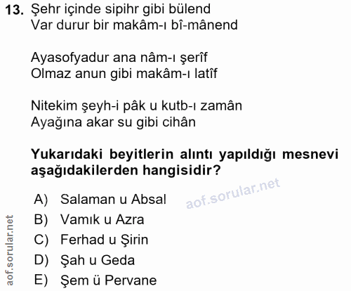 13. soru: Şehr içinde sipihr gibi bülend Var durur bir makâm-ı bî-mânend Ayasofyadur ana nâm-ı şerîf Olmaz anun gibi makâm-ı la…