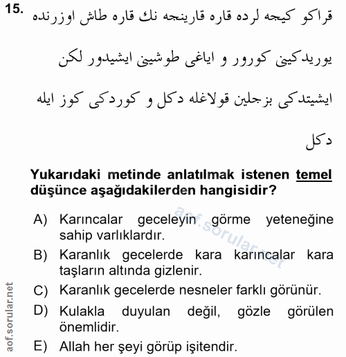 15. soru: J5= Yukarıdaki metinde anlatılmak istenen temel düşünce aşağıdakilerden hangisidir? A) Karıncalar geceleyin görme yet…