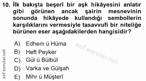 10. soru: İlk bakışta beşerî bir aşk hikâyesini anlatır gibi görünen ancak şairin mesnevinin sonunda hikâyede kullandığı sembol…