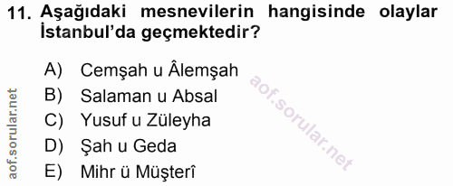 11. soru: Aşağıdaki mesnevilerin hangisinde olaylar istanbul'da geçmektedir? A) Cemşah u Âlemşah B) Salaman u Absal C) Yusuf u…