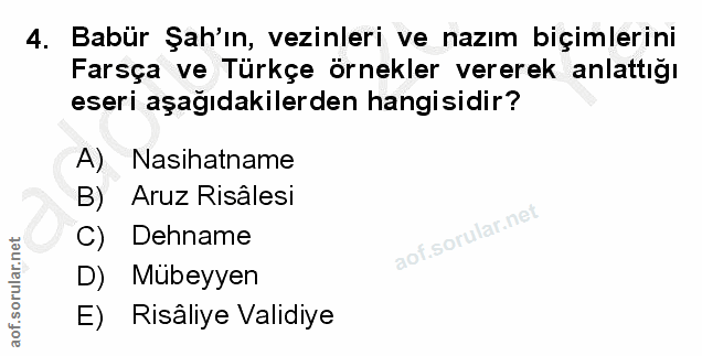4. soru: Babür Şah'ın, vezinleri ve nazım biçimlerini Farsça ve Türkçe örnekler vererek anlattığı eseri aşağıdakilerden hangis…