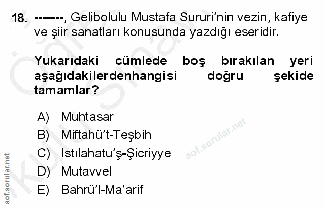 18. soru: ----, Gelibolulu Mustafa Sururi'nin vezin, kafiye ve şiir sanatları konusunda yazdığı eseridir. Yukarıdaki cümlede bo…