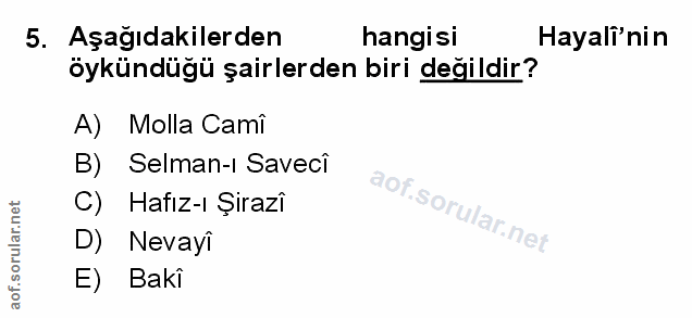 5. soru: Aşağıdakilerden hangisi Hayali'nin öykündüğü şairlerden biri değildir? A) Molla Cami B) Selman-ı Savecî Hafız-ı Şiraz…