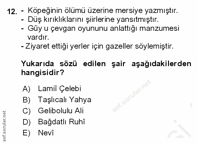 12. soru: - Köpeginin ölümü üzerine mersiye yazmıştır. - Düş kırıklıklarını şiirlerine yansıtmıştır. - Gûy u çevgan oyununu anl…
