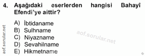 4. soru: Aşağıdaki eserlerden hangisi Bahayi Efendi'ye aittir? A) ibtidaname rular.net B) Sulhname C) Niyazname aof.s D) Sevah…