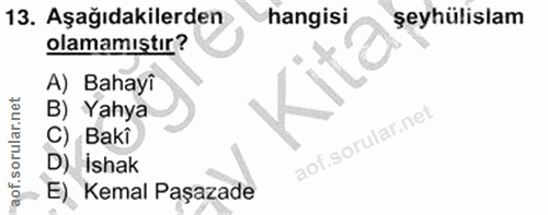 13. soru: Aşağıdakilerden hangisi şeyhülislam olamamıştır? A) Bahayî B) Yahya Baki D) İshak E) Kemal Paşazade